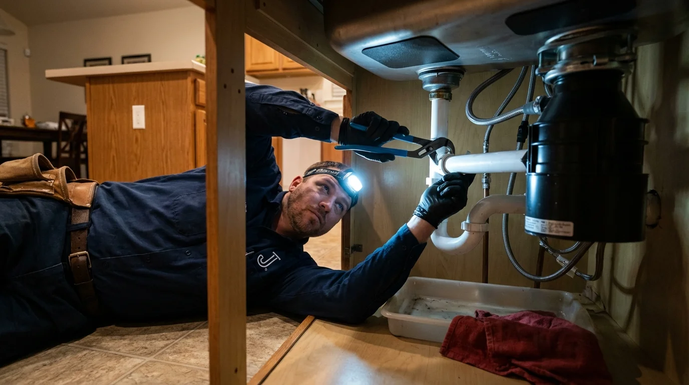 P-trap and supply line connections under a kitchen sink showing a common leak point in Cerritos, CA